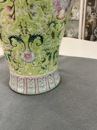 A Chinese famille rose lime-green-ground vase, Qianlong mark, 19/20th C.
